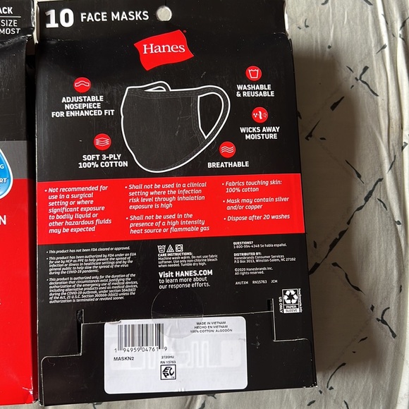 Hanes 2 packs Reusable Face Masks (10pc Mask Per Box)100% Cotton Washable Unisex - Picture 3 of 6